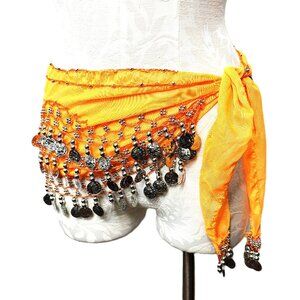 Orange Sherbert  Belly Dance Hip Scarf with Three rows ofSilver Coins